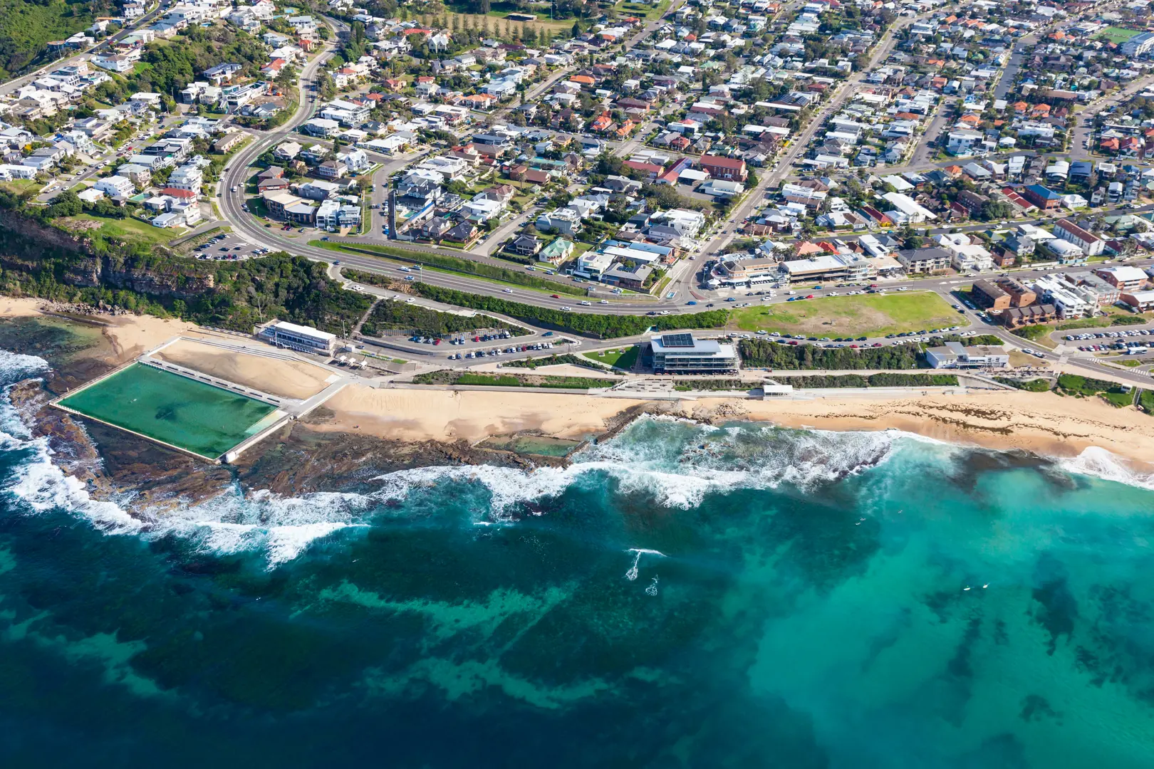 Aerial view of Merewether ocean baths and beach , twelve minutes from Alfred Lodge